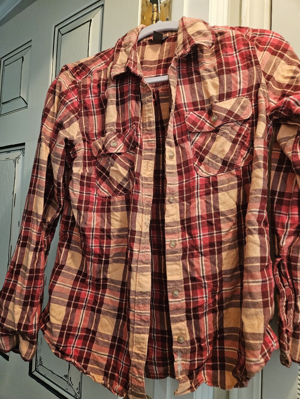 Eddie Bauer Pink and Burgundy Plaid Button-Up Shirt